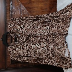 Leopard print long sleeved stretch jersey lightweight blouse w/pussy bow NEW